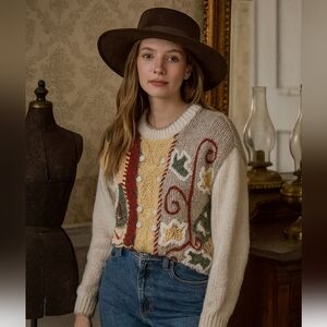 Vintage Handknit Paris Sport Club Colorful Patchwork Sweater